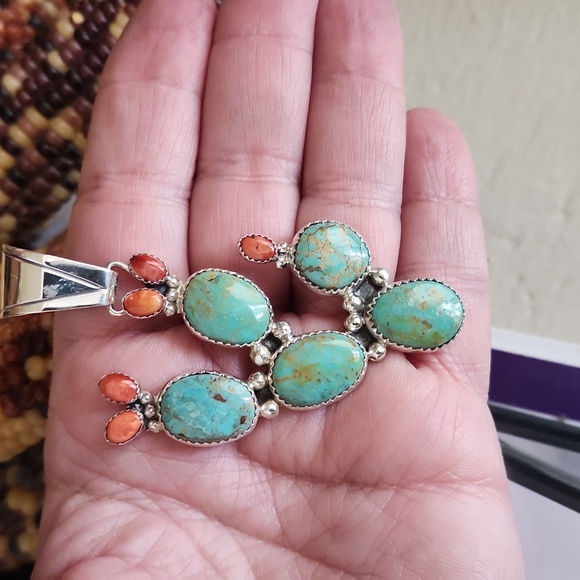 Gorgeous NWOT Native American Navajo Handmade Turquoise Cactus Pendant  🩵🌵💚🎁 - Picture 10 of 12